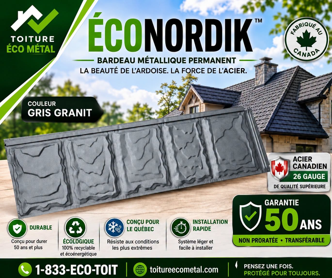 ECONORDIK™ couleur Gris Granit - bardeau métallique permanent en acier canadien calibre 26