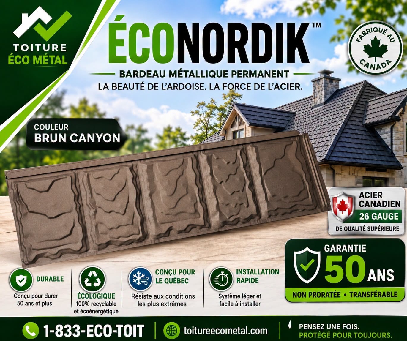 ECONORDIK™ couleur Brun Canyon - bardeau métallique permanent en acier canadien calibre 26
